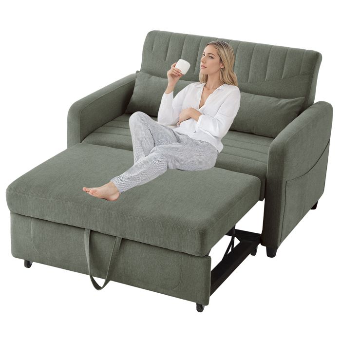 Canapé Lit Convertible 2 Places - Fauteuil-lit - Chaise Longue - Coussin - Réglable - Rangement - Roues - Pliante - Vert Armée