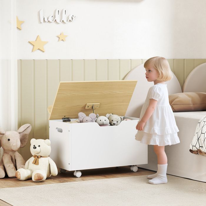 MOTHINESSTO5183-Coffre à jouet enfant sur roulettes coffre de rangement enfant avec couvercle rabattable 59 x 30 x 53 cm blanc