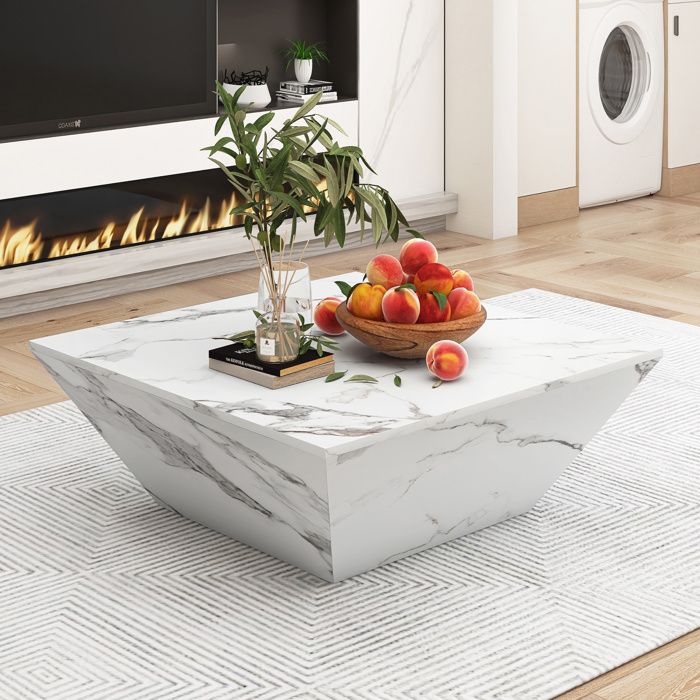 Table basse blanche trapézoïdale avec 2 tiroirs et finition effet marbre