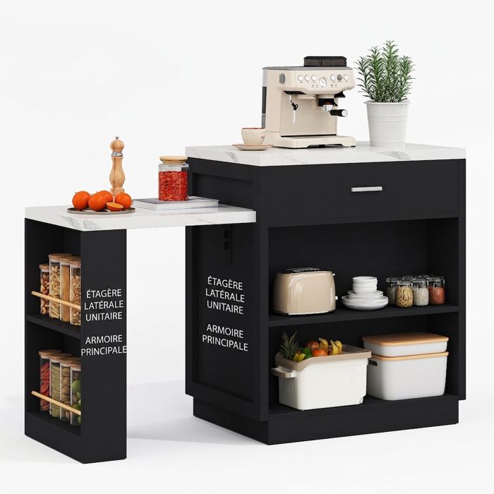 Îlot central de cuisine ROLIPO avec table extensible meuble noir plateau effet marbre prises électriques et rangements 211cm