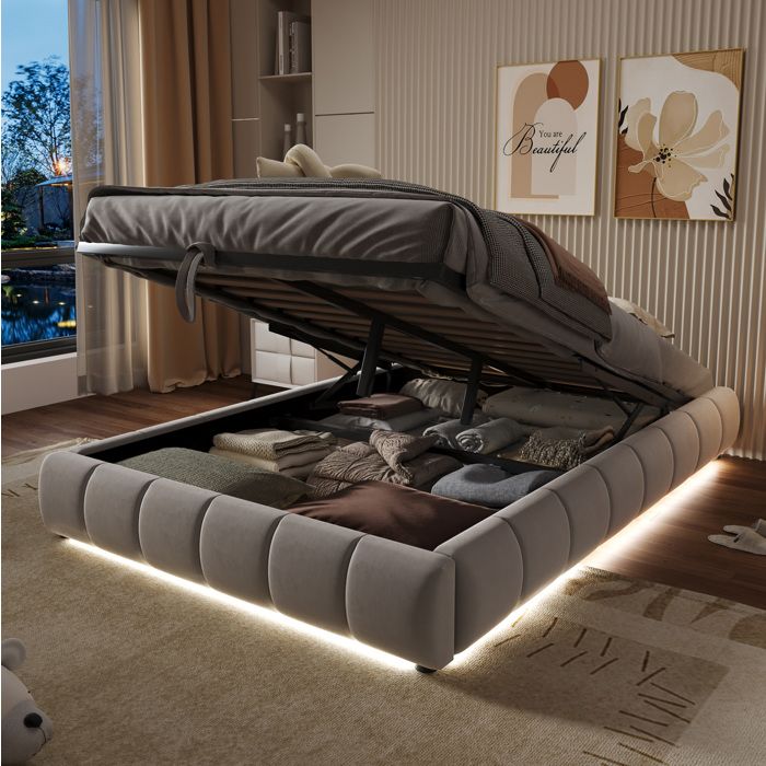 Lit coffre 2 places 140×200 cm avec LED blanche et ouverture hydraulique sans matelas flanelle beige - UVRION