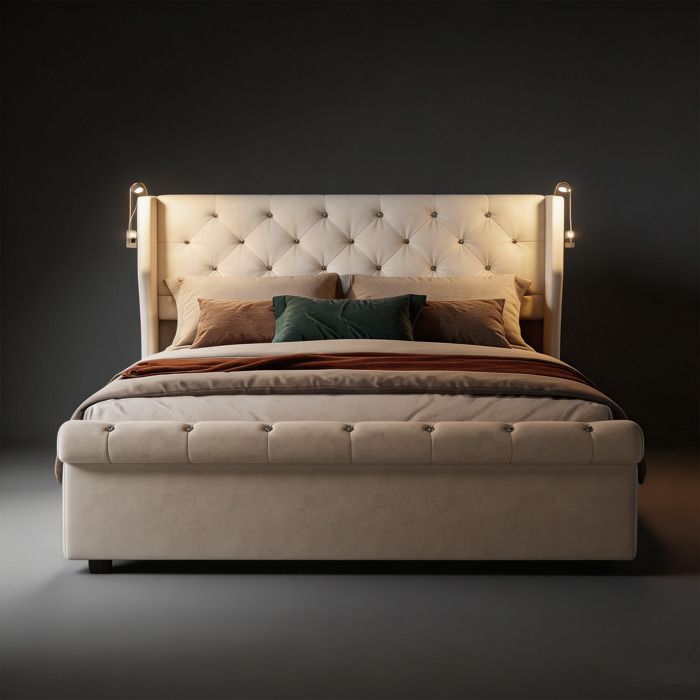 Lit 140 x 190 avec sommier lit coffre 140x190 lit dappoint 1 personne avec USB Lampe de lecture tissu en lin beige