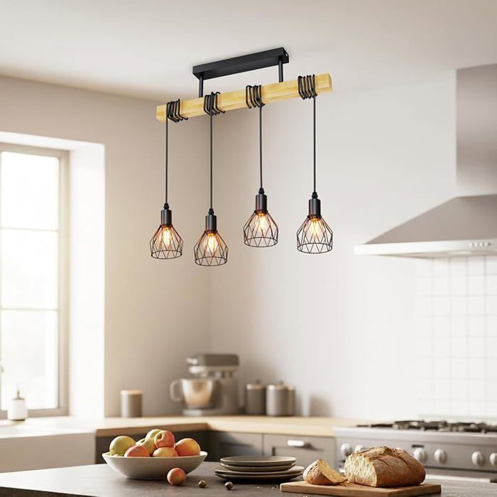 Suspension Luminaire Industrielle E14 Luminaire Salle a Manger 52CM Noir Lustre Bois Abat-jour en forme de filet E14-4 Spo LUSTRE