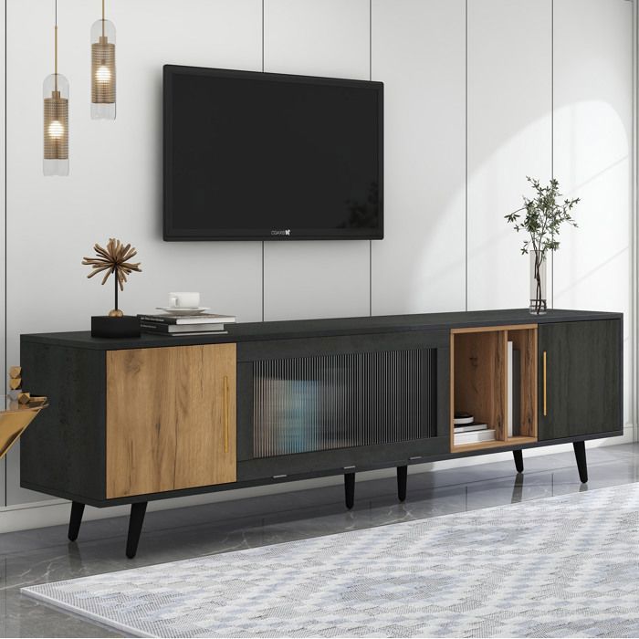 Meuble TV - 3 portes - bois foncé - gris et veinage bois -200 x 40 x 555 cm