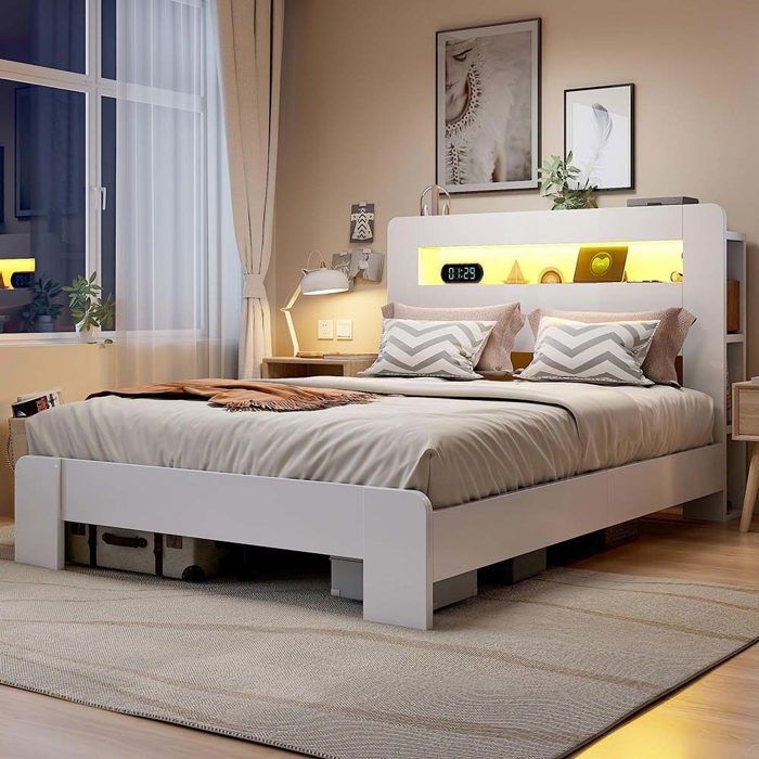 Lit double - YEHTOKHOME - 140 x 200 cm - Tête de lit rangement avec LED - Prises intégrées - Sommier à lattes
