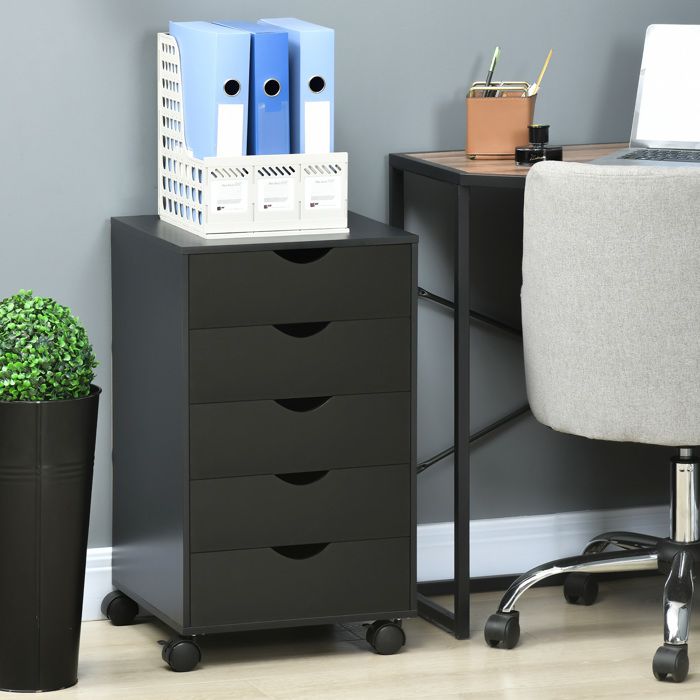 Caisson de bureau à roulettes - 5 tiroirs - MDF robuste - 4 roulettes pivotantes (2 freins) - 40x40x67 cm