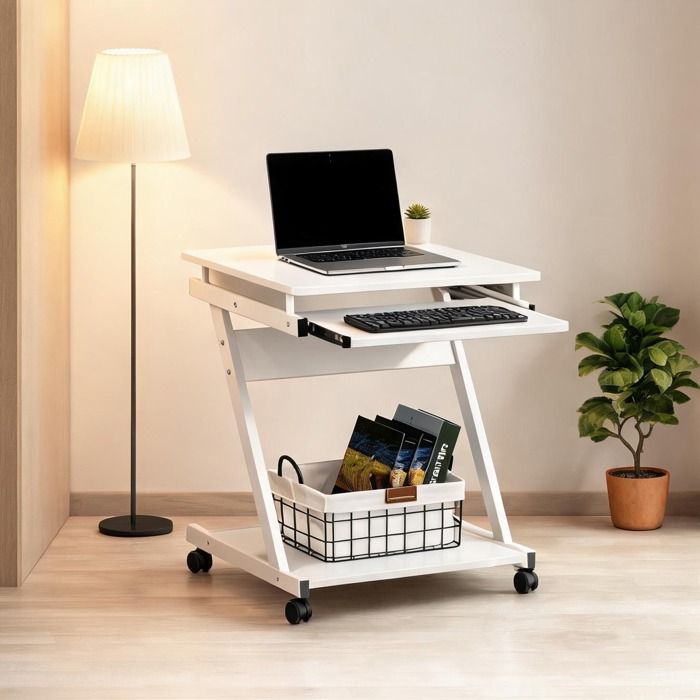 Bureau mobile compact 60x48x73 cm avec tablette clavier et étagère finition blanche idéal chambre ou studio