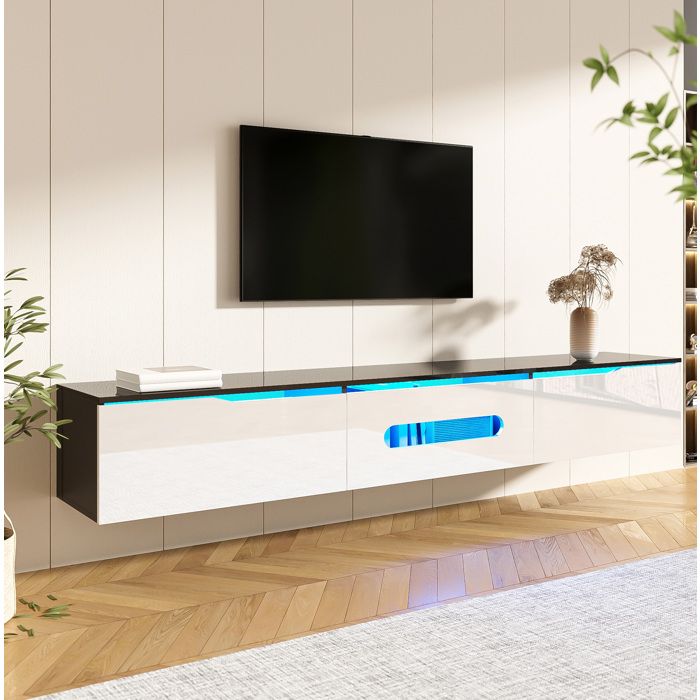JOINERY meuble TV rangement 180 cm LED noir et blanc MDF panneaux de particules 3 portes mural ou au sol salon moderne Bluetooth