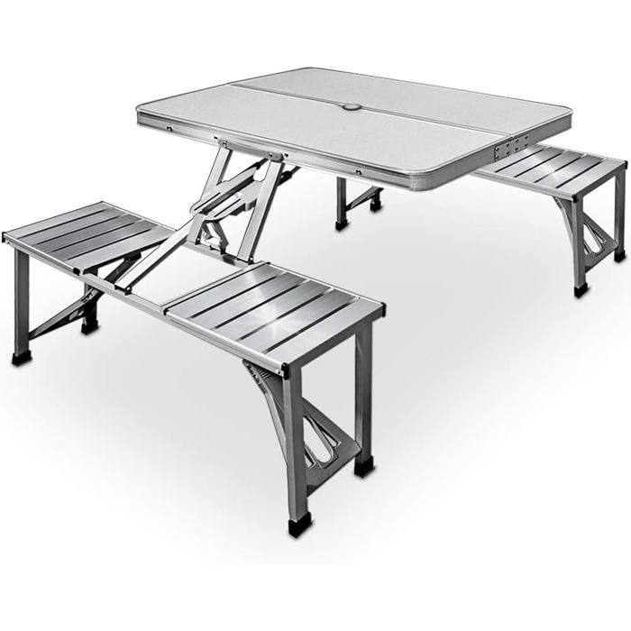 Table de pique-nique pliable aluminium 4 places avec valise de transport et fonction parasol - 85.5 x 67.5 x 66 cm acier inoxydable