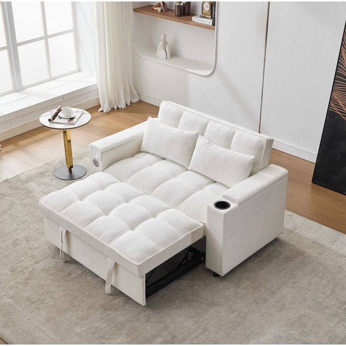 WOVREO canapé convertible 2 places 3-en-1 beige avec dossier réglable USB Type-C rangement et porte-gobelet
