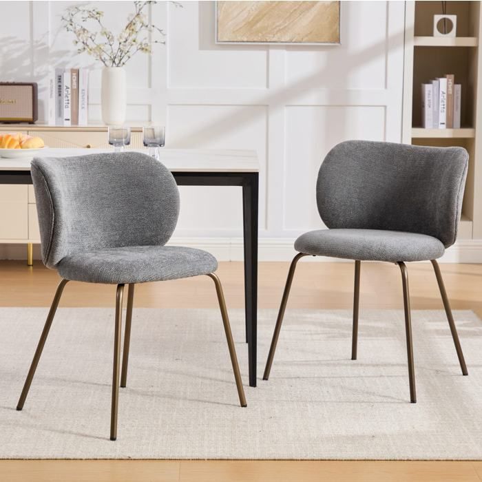 Chaise de Salle à Manger Lot de 2 avec Dossier Courbé Ergonomique - TCQPZ - Pieds en Métal Bronze Chenille Grise