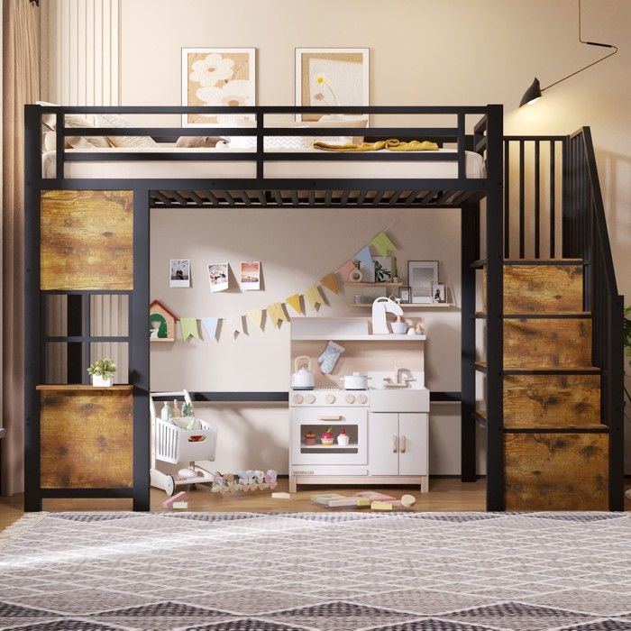 Lit mezzanine enfant lit simple 90x200 structure en fer échelle espace de rangement sous le lit barrière matelas non inclus noir