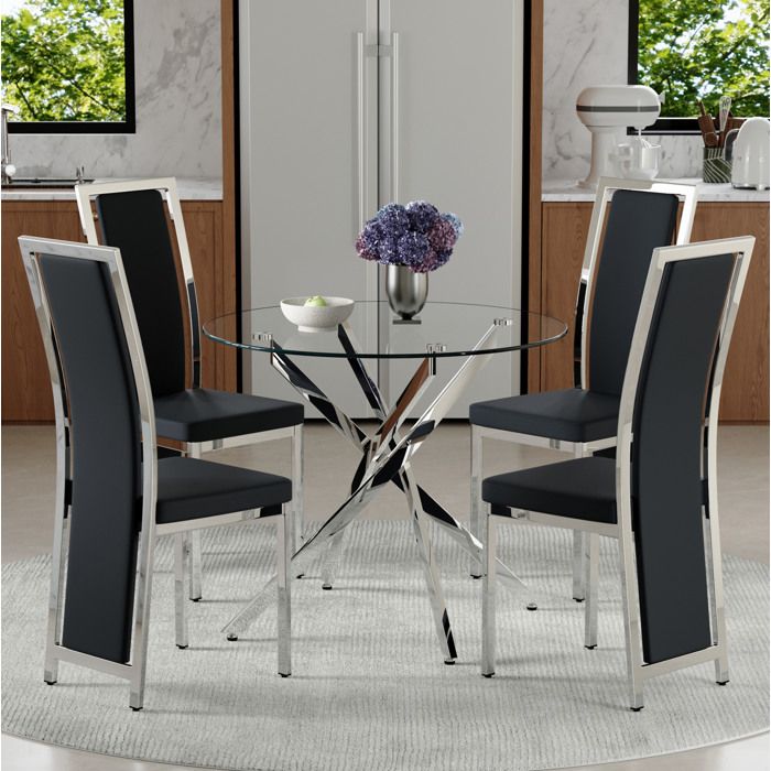 MEUBLIV Ensemble table et chaises de salle à manger table ronde 88 cm en verre trempé 4 chaises noires argentées