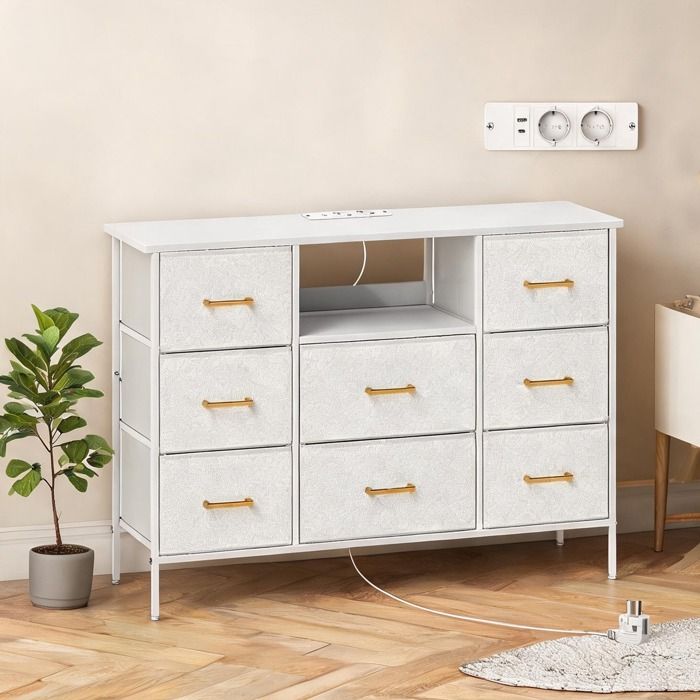 Meuble de rangement 8 tiroirs tissu blanc cassé et ports de charge salon chambre entrée 110x30x76 cm