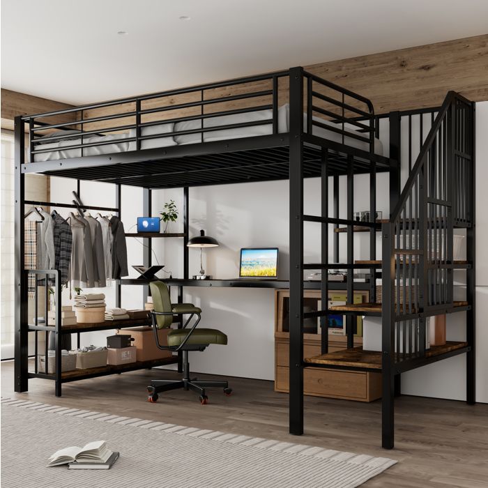 WOVREO lit mezzanine 120 x 200 cm avec escalier lateral main courante prise de charge rangement metal noir