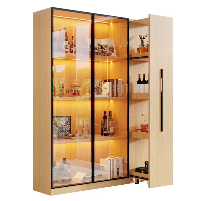 Vitrine en Verre avec LED Armoire Multifonction avec Porte en Verre et Tiroir Latéral Armoire à Roulettes Armoire Haute Moderne