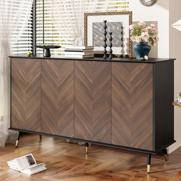 Buffet Bahut 140x40x80 cm LEMLIT Meuble de Rangement Noir et Marron 4 Portes Motif Chevrons Étagères Réglables - Noir Marron
