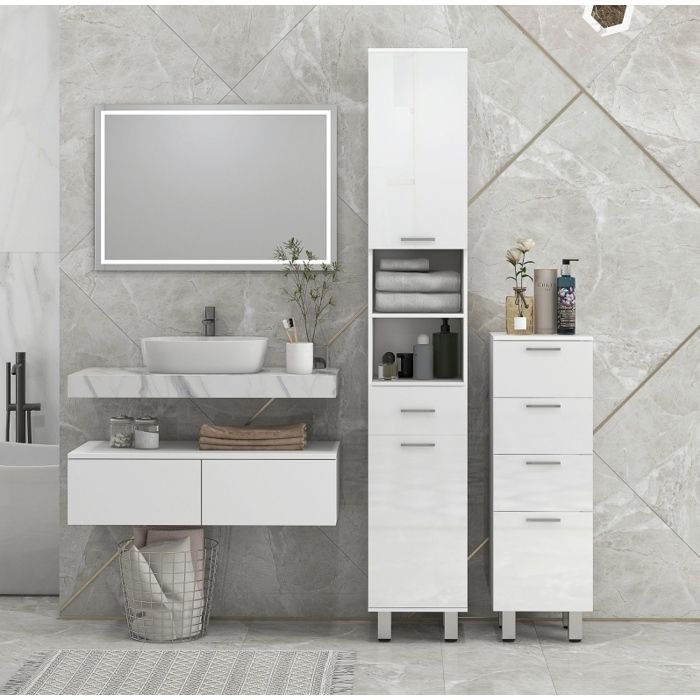 Colonne Salle De Bain Etroite Blanche Armoire Moderne FloraGrace Pour Petits Espaces Rangement Vertical 30x30x93cm