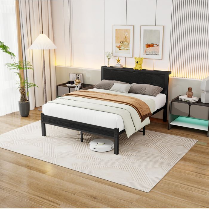 Lit plateforme adulte 120×200 cm avec tête de lit et rangement 27 cm - MEUNIQ - sans sommier métal noir