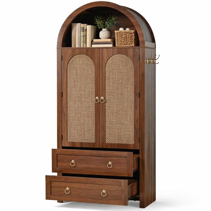 SENVIRO Buffet haut de rangement 80 x 40 x 180 cm style vintage aspect noyer portes en rotin 2 portes 2 tiroirs