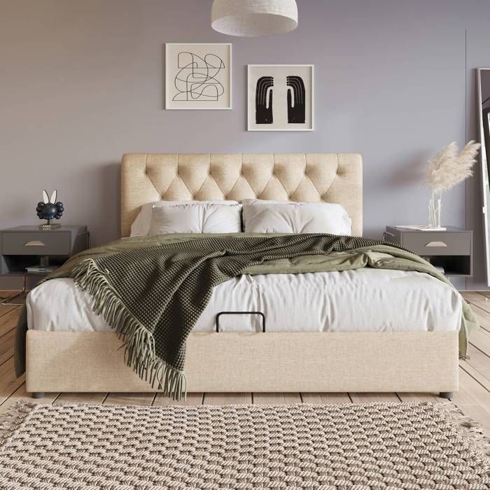 Lit double 160x200 cm  en lin beige avec tête de lit réglable coffre de rangement hydraulique et sommier à lattes