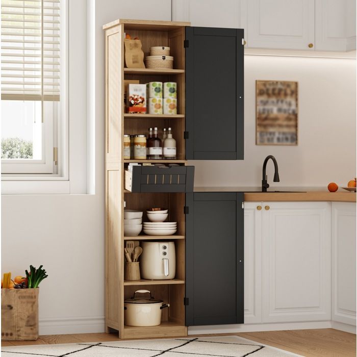 Maisentiel Meuble colonne de cuisine 170 x 40 x 30 cm 2 portes 1 tiroir MDF naturel et noir