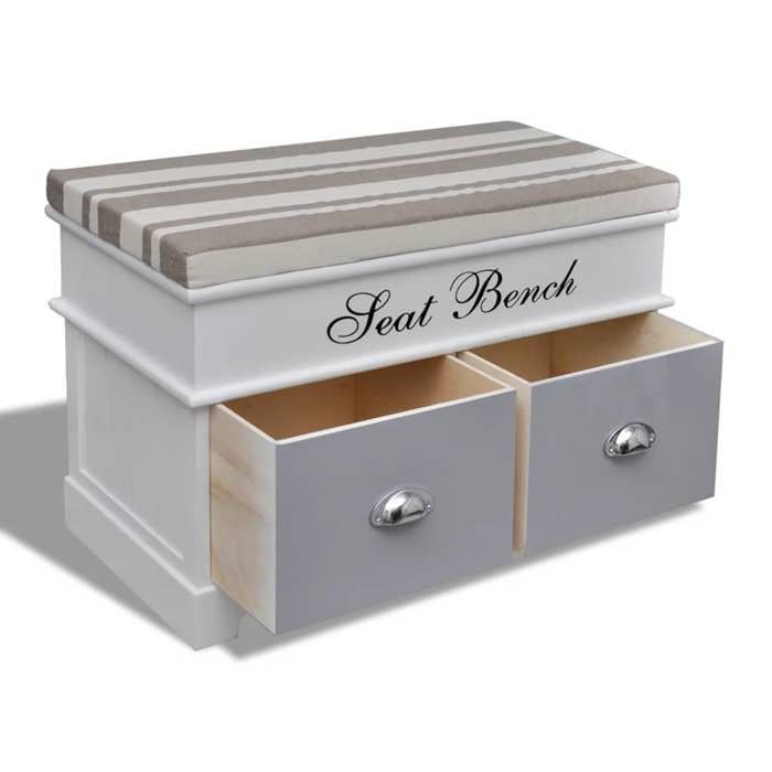 Meuble Banc de Salon - HABITUDE - Banc dentrée et de rangement - Design classique - avec coussin gris 2 tiroirs Blanc - Cadre dur