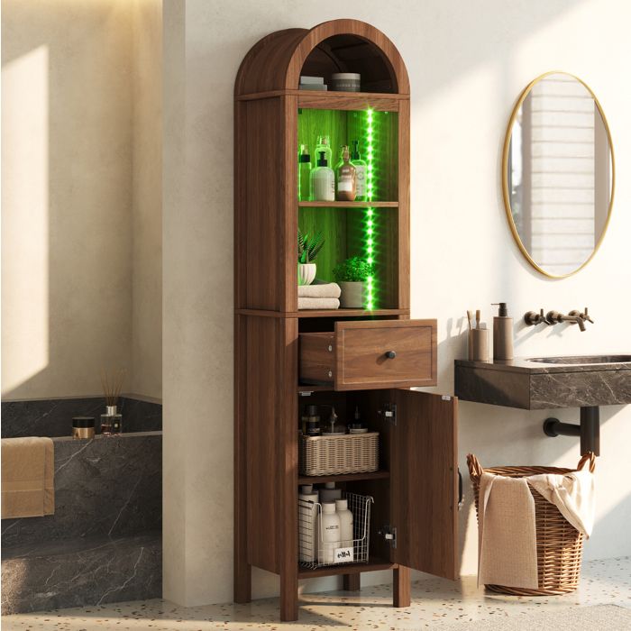Colonne de salle de bain avec 1 tiroir étagères réglables portes réversibles et LED RGB - BEAUNIV - en MDF noyer 40×30×163 cm