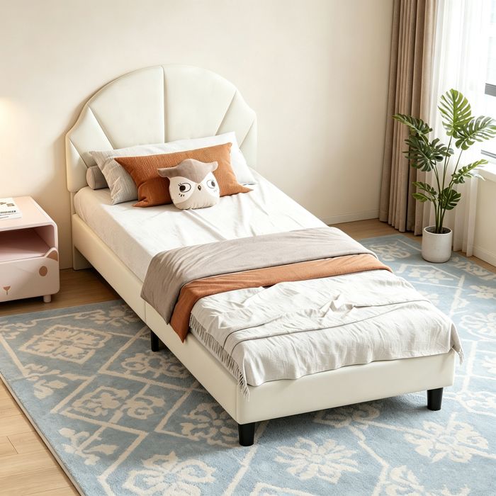Lit Enfant 90x190cm Velours avec Tête de Lit Réglable - Cadre de Lit 1 Place avec Sommier - Structure 350 lbs - Beige