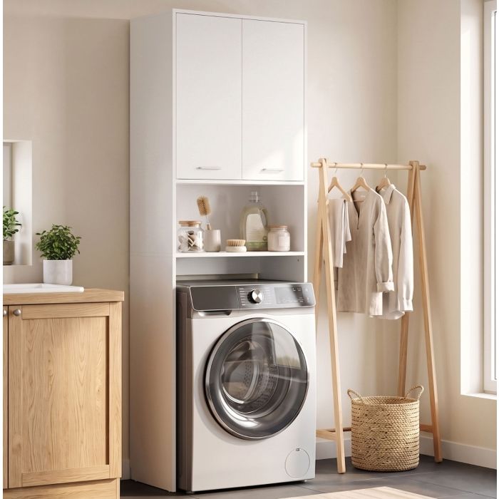 ROVRYN Meuble au-dessus lave-linge 66 x 24 x 191 cm 2 portes niche ouverte blanc
