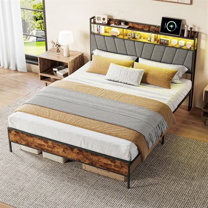 Lit 160x200 cm - Lit double 160x200 - lit en métal et bois avec tête de lit LED prises USB et étagère - Bois foncé et gris