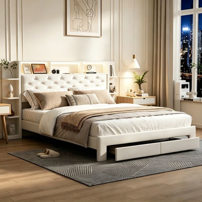 Lit 160x200 avec sommier 2 tiroirs lit 2 personnes cadre de lit 160x200 avec LED et USB tissu en velours blanc