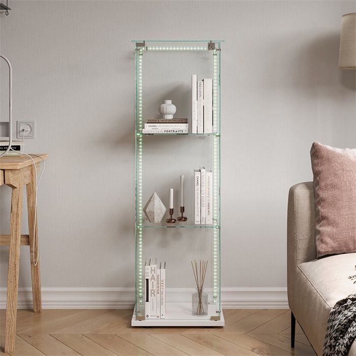 Vitrine en verre 123.3x39.8x35cm - Vitrine 1 porte 3 niveaux avec LED et fond blanc - Meuble de présentation - Blanc Vitrine en verre 123.3x39.8x35cm - Vitrine 1 porte 3 niveaux avec LED et fond blanc - Meuble de présentation - Blanc