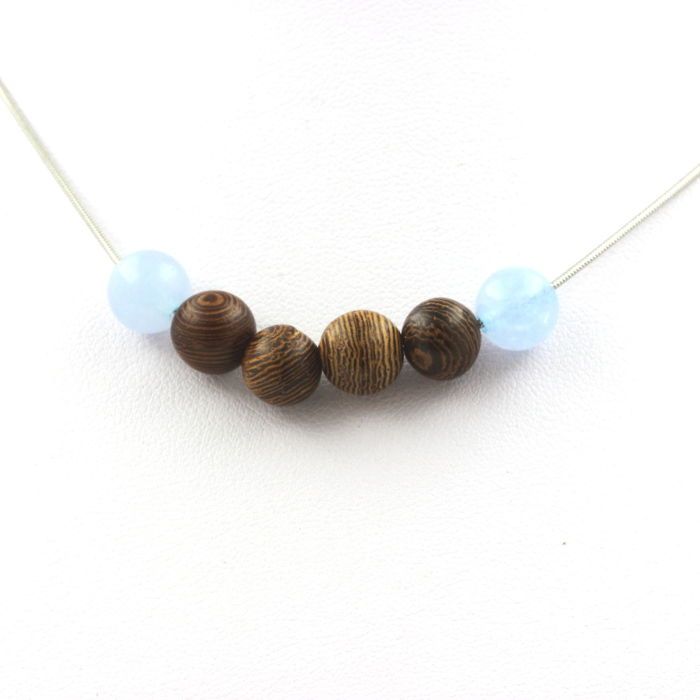 Collier Femme Avec 5 Perles Aigue-marine 8 Mm - Chaîne Acier Inoxydable - Neuf Avec étiquettes