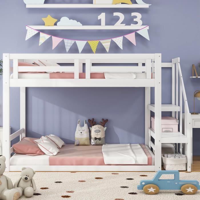 lit enfant 90*200cm, lit superposé, avec escalier de sécurité, bois massif, blanc, sans matelas