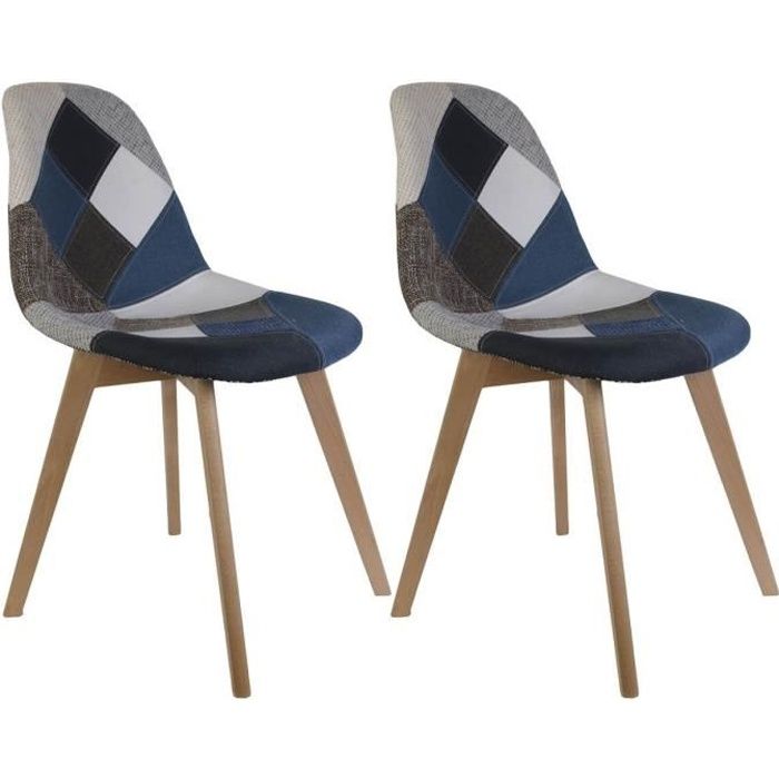 chaises patchwork bleu et gris - altobuy - lot de 2 - style scandinave-nature - bois massif