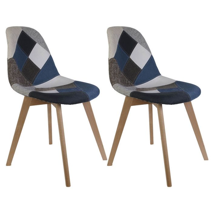 chaises patchwork bleu et gris - altobuy - lot de 2 - style scandinave-nature - bois massif