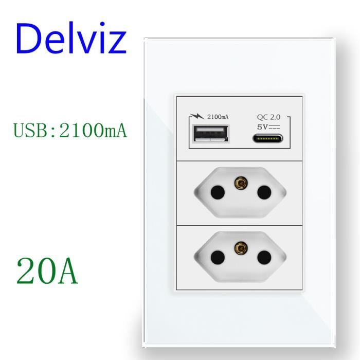 prise de courant murale USB Type C,avec Ports USB,panneau en verre trempé  120mm x 72mm,prise de courant Standard - White ( 20A )