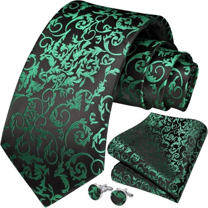 Ensemble Cravate Homme Vert Jacquard - Avec Mouchoir, Boutons De Manchette Et Broche