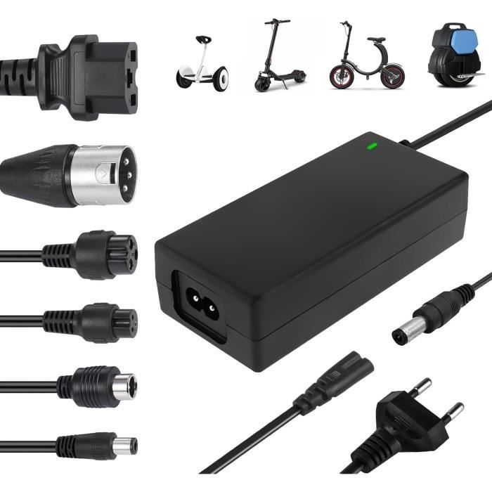 KBIBCK Chargeur Trotinette Electrique, 42V 2A Chargeur Hoverboard avec 6 Connecteurs, Scooter Électrique, Chargeur Universel Batterie pour Xiaomi M365/Pro 2,Hoverboard, Planche à Dérive,Monocycle (EU