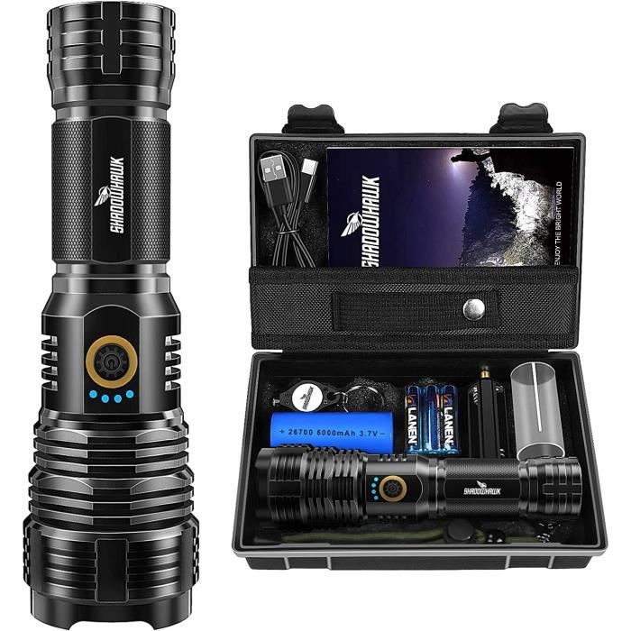 Lampe Torche LED Shadowhawk Ultra Puissante 10000 Lumens - Rechargeable, Noire