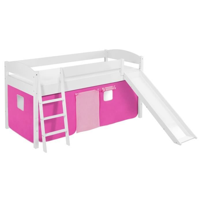 Lit surélevé ludique/évolutif IDA 4105 rose - avec rideaux et toboggan et toboggan - LILOKIDS - blanc laqué