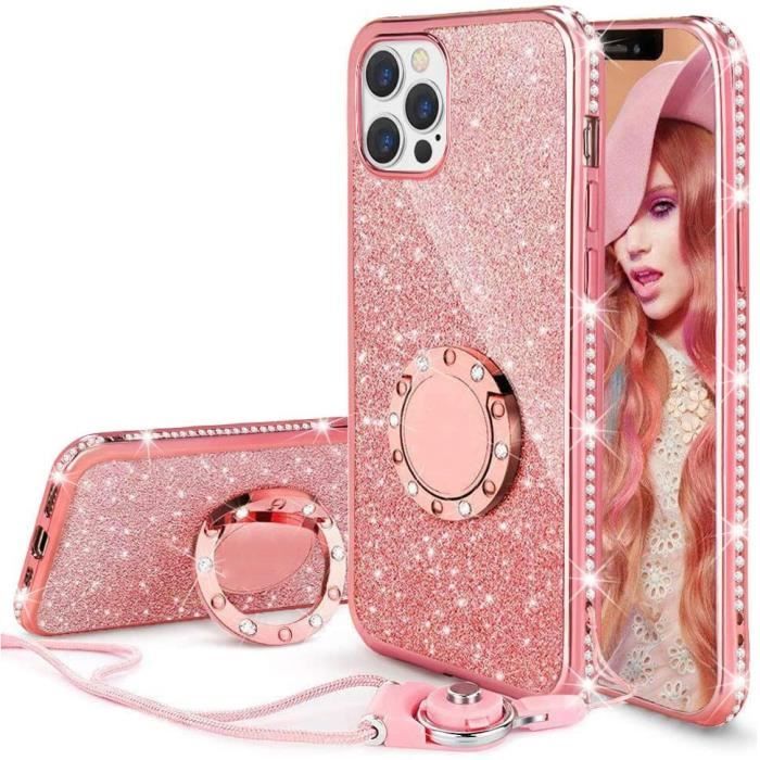 Coque iPhone 12 Pro Max,Glitter Coque + Lanière Paillette Brillant