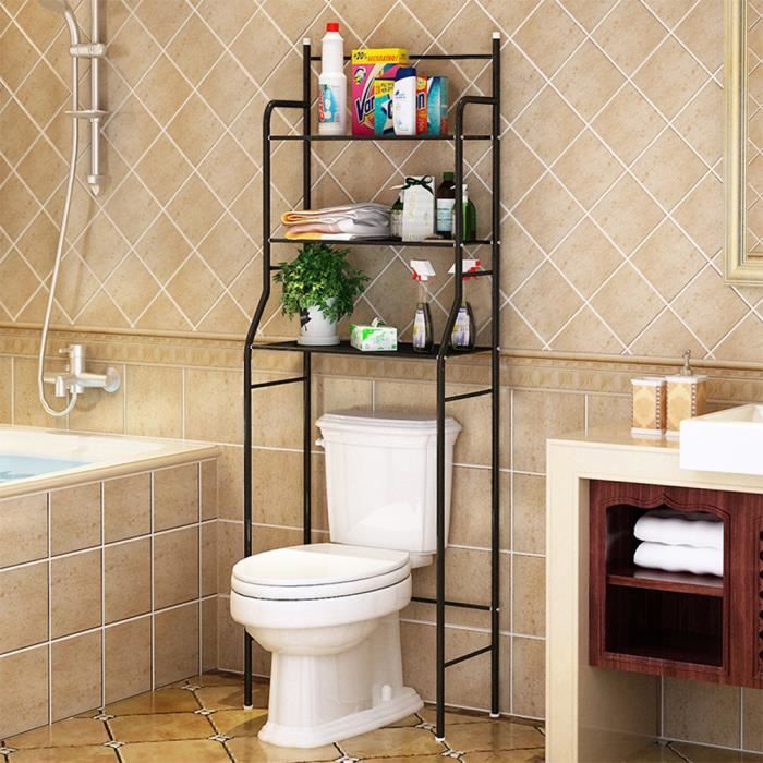 etagère de salle de bain meuble de rangement au-dessus des toilettes wc ou lave-linge avec 3 tablettes en métal laqué noir