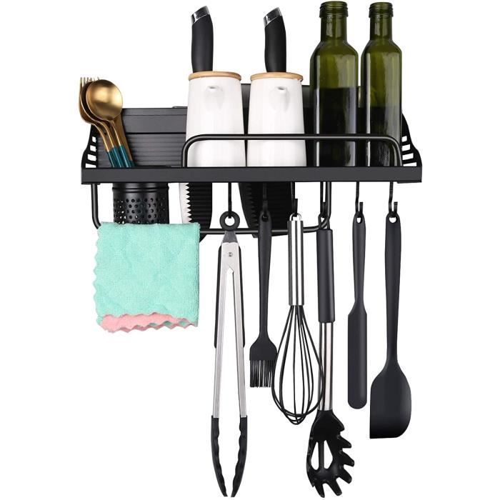 Porte-ustensiles De Cuisine Mural En Bois Avec 6 Crochets - Support à Suspendre En Fer Blanc Pour Cuillère, Planche à Découper, Poêles, Sans Perçage, 33 Cm