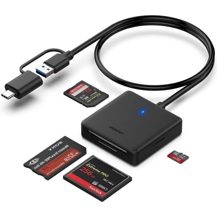 BENFEI Lecteur de Carte mémoire, 4 in 1 USB USB-C vers SD Adaptateur de Lecteur de Carte SD Micro SD MS CF