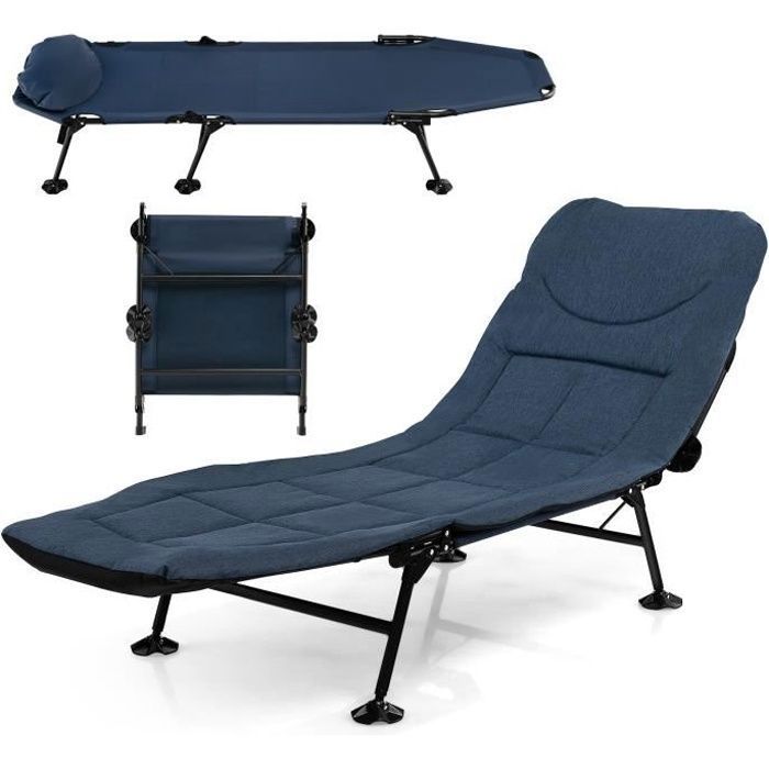 Lit de Camp Pliable - COSTWAY - avec Dossier Réglable 6 Positions - Matelas et Oreiller Amovibles - Bleu
