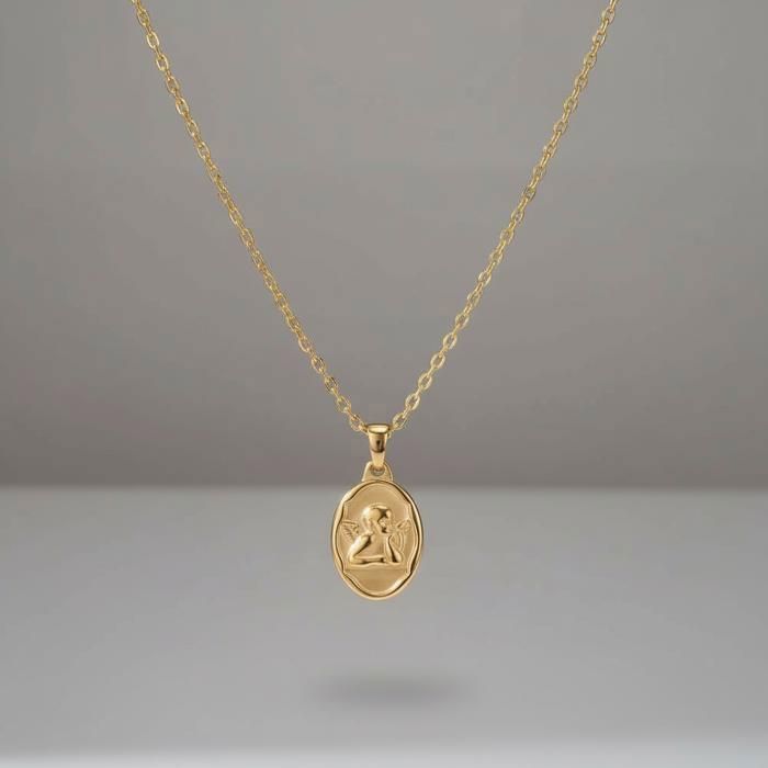 Collier Enfant Avec Médaille Baptême Ange Ovale - Plaqué Or Jaune 18 Carats - Neuf Avec étiquettes