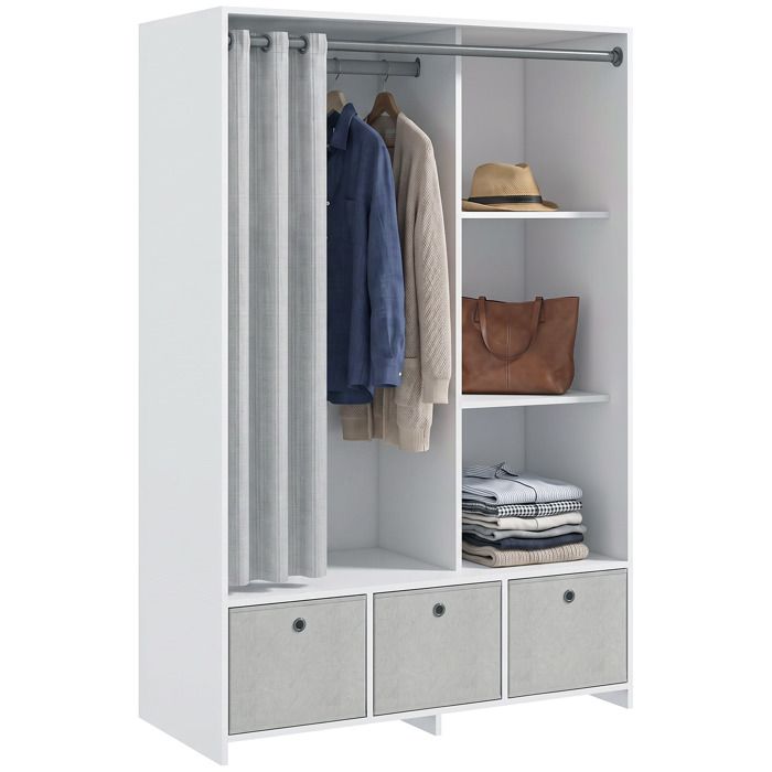 Armoire penderie - HOMCOM - dressing avec rideau chambre tringle 3 compartiments 3 tiroirs - bois - 105x48x160cm - blanc Armoire penderie - HOMCOM - dressing avec rideau chambre tringle 3 compartiments 3 tiroirs - bois - 105x48x160cm - blanc