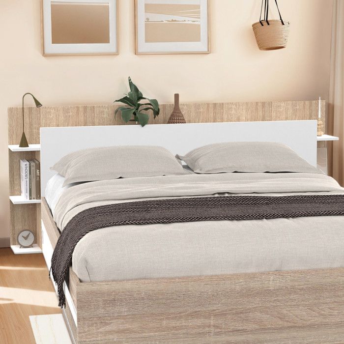 IDMARKET Tête de lit sur pied CIRI pour lit 140 et 160 cm avec rangements blanc et bois IDMARKET Tête de lit sur pied CIRI pour lit 140 et 160 cm avec rangements blanc et bois